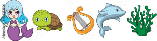 Underwater World Little Mermaid Dolphin Turtle Harp Ocean Life Sea Elements Vector