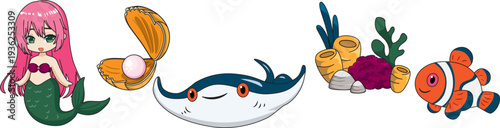 Ocean Elements Set Cartoon Mermaid Fish Sea shell Pearl Plant Decor Design Icon Vector