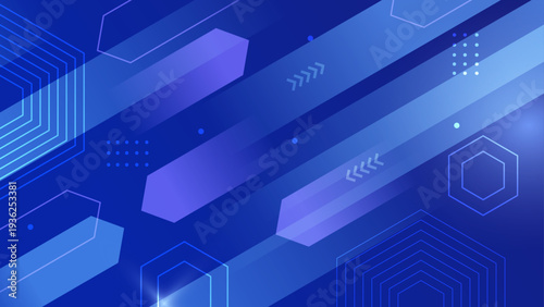 Modern deep blue abstract background with neon geometric arrows and hexagonal patterns perfect for tech corporate branding