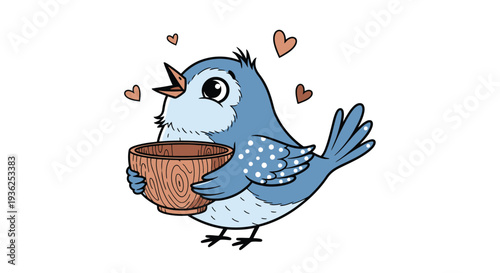 Blue songbird with bowl and love hearts