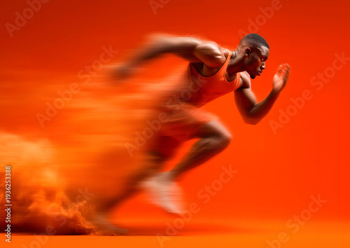 A photo of male runner running in a beautiful pose with a blurred motion at a fast pace against a bright orange gradient background. Commercial sports photography style.