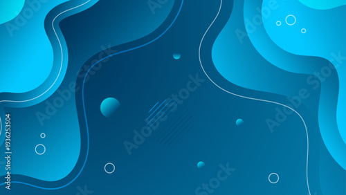 Deep blue and cyan abstract fluid background featuring wavy shapes and bubbles