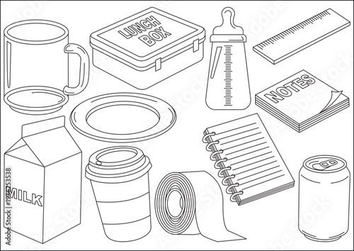 Daily Essential Items Icons Set Cup Lunch Box Milk Bottle Notepad Toilet Paper Line Art Vector