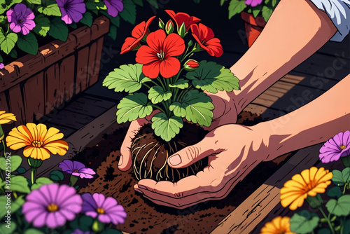 Garden enthusiast carefully planting vibrant flowers in a wooden planter box