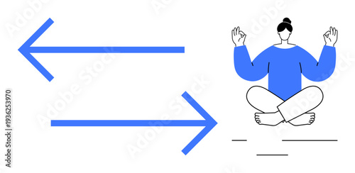 Mental health, decision-making, mindfulness, balance, meditation, life choices. Woman meditating with crossed legs and arrows pointing oppositely. Mindfulness and decision-making concept