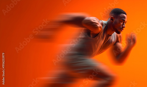 A photo of male runner running in a beautiful pose with a blurred motion at a fast pace against a bright orange gradient background. Commercial sports photography style.