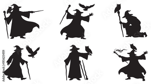 Collection of six silhouette illustrations of wizards with owls and staffs, depicting magical actions and poses.