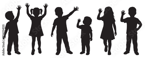 Diverse group of children silhouettes waving their hands, representing joy and welcome.