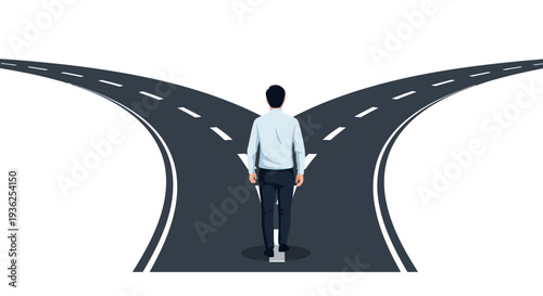 Man standing at road fork contemplating decisions and paths in life's journey forward alone