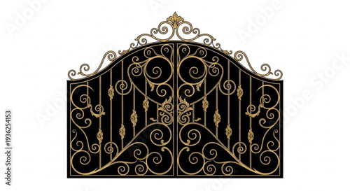 Ornate gold iron gate with swirling patterns on black background decorative entrance door design element