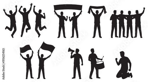 Collection of black silhouettes of people celebrating, holding banners, flags, and playing instruments, representing a crowd at an event or protest.