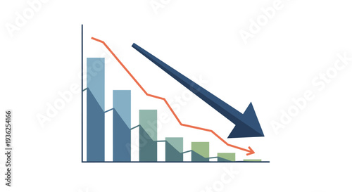 A downward trend in business graph data illustrated with a dark blue arrow pointing downwards