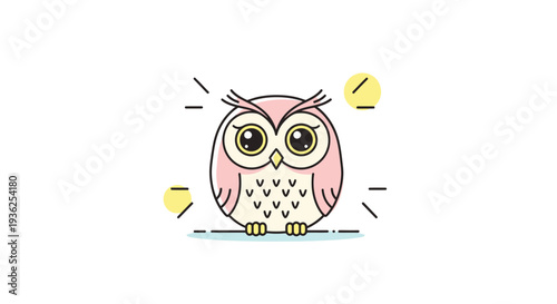 Pink Owl Standing on Ground with Yellow Orbs and Abstract Lines