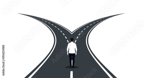Man Standing at Road Fork Deciding Direction to Take in Life's Journey Illustration