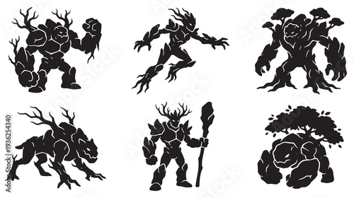 Set of six silhouette illustrations of fantasy tree creatures and golems, representing nature spirits and elemental beings.
