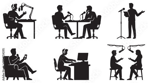 Set of six black silhouette icons representing people engaged in various podcasting and broadcasting activities, including interviews and solo recording sessions.