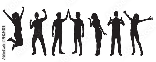 Diverse group of people celebrating and expressing joy through various poses and gestures, depicted as black silhouettes against a white background.