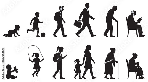 Silhouettes representing the stages of human life from infancy to old age, showing development and aging.