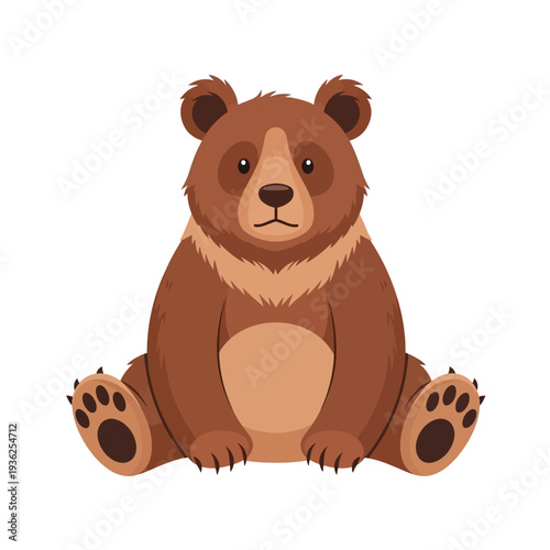 Cute cartoon brown bear sitting, isolated on white background, graphic illustration