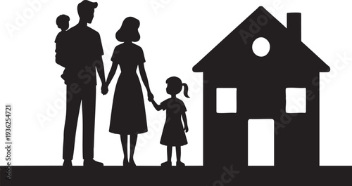 Happy family with house silhouette isolated on transparent background, home life