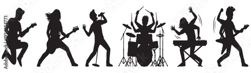 Silhouette of a rock band performing live on stage with guitars, drums, and keyboard.