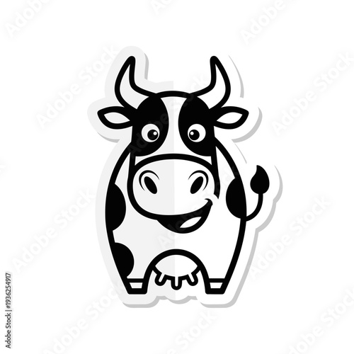 Cute cartoon cow sticker, black and white spotted animal with horns and udder, isolated on white