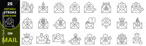 Vector mail icon set. Editable line art email icon set illustration for business communication, contact, send message, address and electronic mail processing systems 