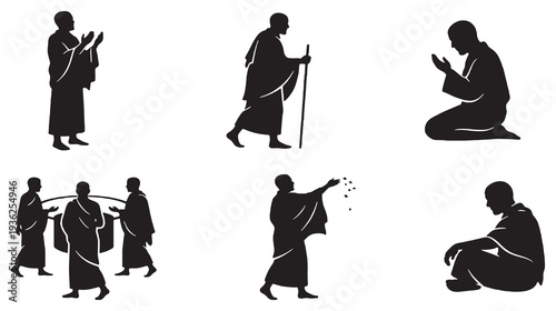 Collection of Silhouettes Depicting Monks in Various Poses and Activities, Illustrating Religious Practices and Devotion.