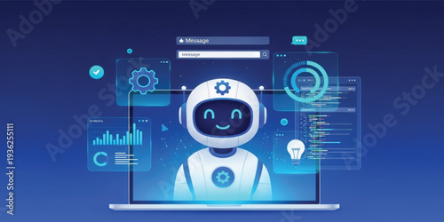 AI Chatbot Interface on Laptop Screen with Analytics Dashboard, Automation Settings and Programming Code, Artificial Intelligence Technology Concept Illustration