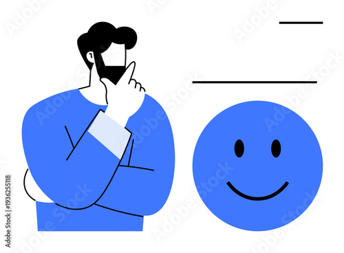 Decision-making concept. Thoughtful man and happy face emotional intelligence in decision-making processes. Ideal for topics on emotions, psychology, feedback, or workplace dynamics