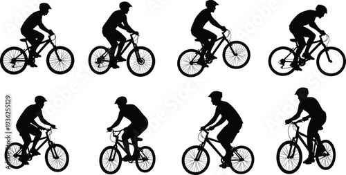 Cyclist silhouettes riding bicycles, sports vector illustration, cycling posture design, fitness and outdoor activity graphics showing different riding techniques