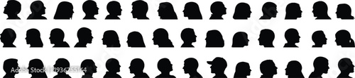 Human head silhouettes diverse right-facing profiles, vector illustration of facial shapes, modern design elements, artistic lifestyle recognition collection