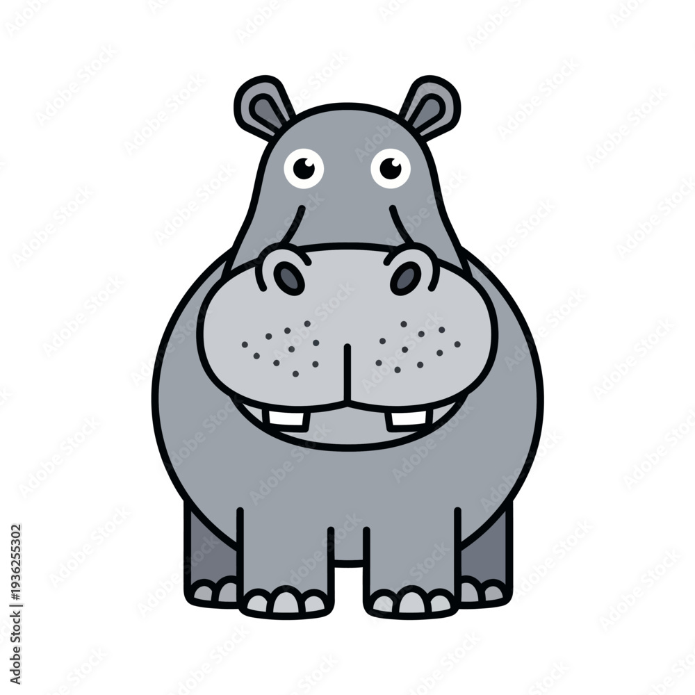 Fototapeta premium Cute cartoon hippo smiling, front view, isolated on white background, simple illustration