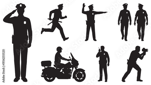 Collection of police officer silhouettes in various poses and actions, including saluting, running, directing traffic, and riding a motorcycle.