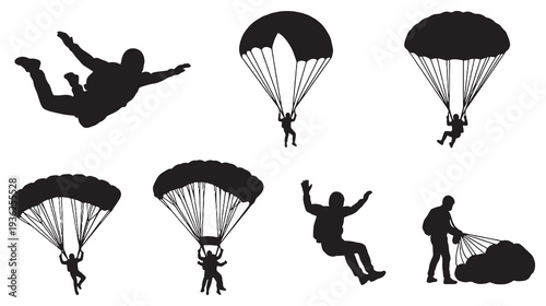 Collection of silhouettes of skydivers in various poses during freefall and parachute descent.
