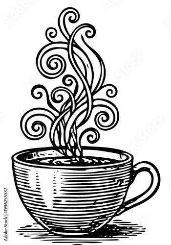 Steamy coffee cup with swirling vapor, viewed from the side, in a simple, classic illustration style