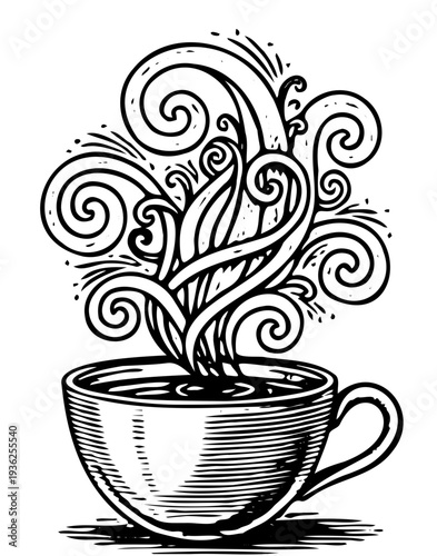 A steaming cup of coffee with swirling steam forming abstract floral patterns, viewed from a slight angle