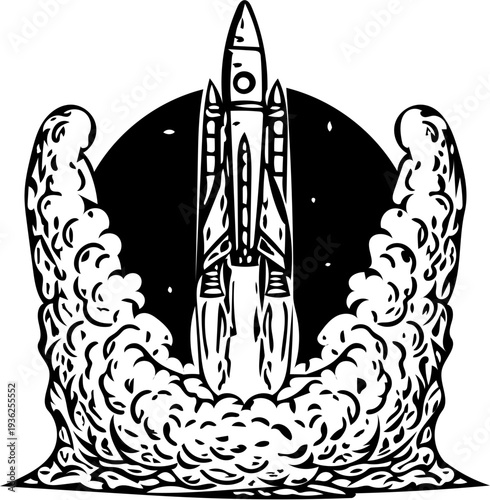 Spacecraft lifting off into the night sky with smoke and flames, seen from a distant viewpoint