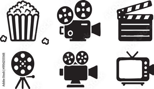 Movie Cinema Icon Set with Popcorn Camera and Clapperboard on Transparent Background