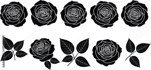 Black Rose Silhouette Collection with Floral Bloom and Leaf Elements Isolated on White Background for Elegant Decorative Vector Design