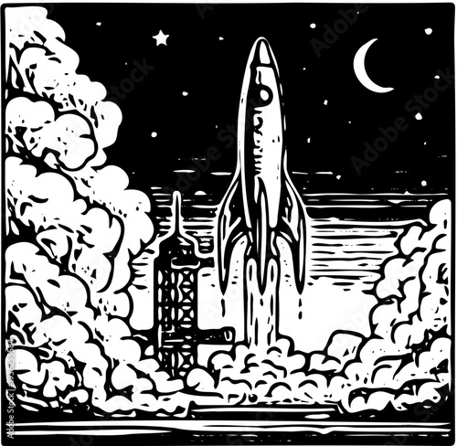 Rocket Launching into the Night Sky with Stars and Moon Visible, a Majestic Space Scene Unfolds with Smoke and Clouds