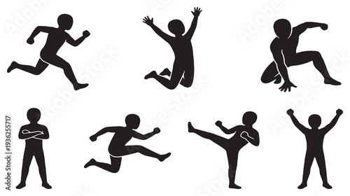 Collection of eight black human silhouettes in various dynamic poses, representing different actions and movements.