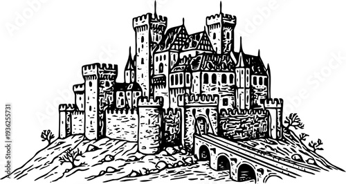 Majestic medieval castle with towers and bridge on a hill, illustrated in black and white, from a distant viewpoint