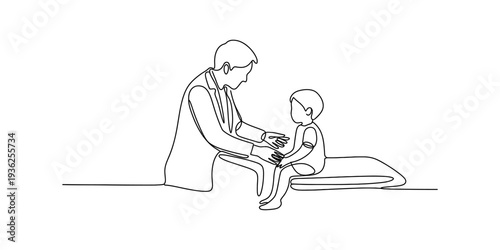 Minimalist single line art illustration of a doctor performing a medical checkup on a little boy. Vector, illustration