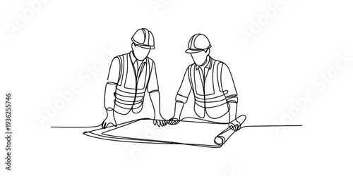 Two construction engineers wearing safety gear reviewing blueprints on a table line art illustration Vector, illustration