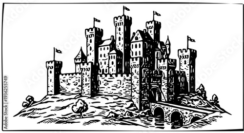 Ancient castle with tall towers and battlements standing on a rocky hill with a bridge