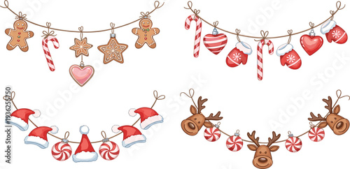 Christmas Garland Decoration Set with Gingerbread Cookies, Candy Canes, Santa Hats, Mittens, and Reindeer Festive Hanging Banners Vector Illustration for Holiday Design