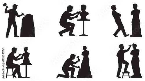 Silhouettes of sculptors creating statues and busts from stone and clay.
