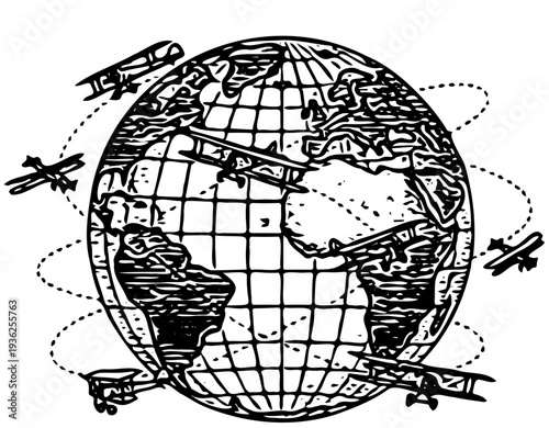 Airplanes flying around the globe illustrating global connectivity and travel from a unique aerial viewpoint
