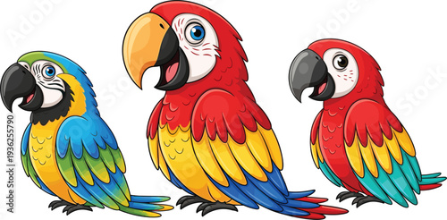 Colorful Cartoon Parrot Characters Set with Tropical Macaw Birds in Bright Feathers Isolated on Transparent Background for Kids Design and Mascot Use